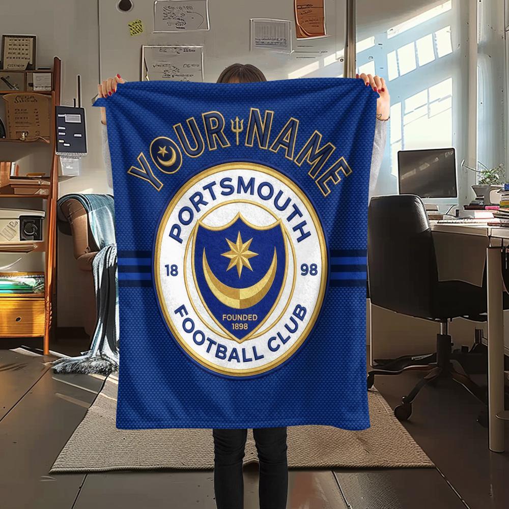 Custom Name Portsmouth FC Flannel Blanket, High quality Comfortable for All Seasons, Home Decor, Warmth and Comfort