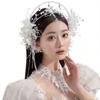 Bridal Headpiec with Feather Crystal Halo Boho Forest Headdress for Women Dreamy Wedding Hair Accessories with Earrings