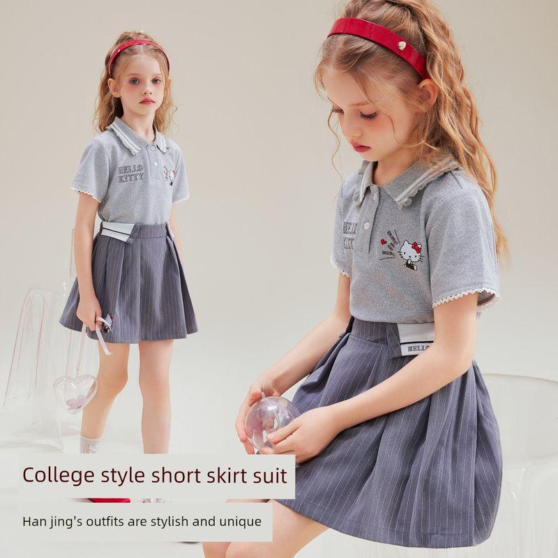 Hello Kitty Children s Summer Suit 2025 New Korean Style Preppy Style Big Children s Clothing Polo Two-Piece Set Grey 110 cm