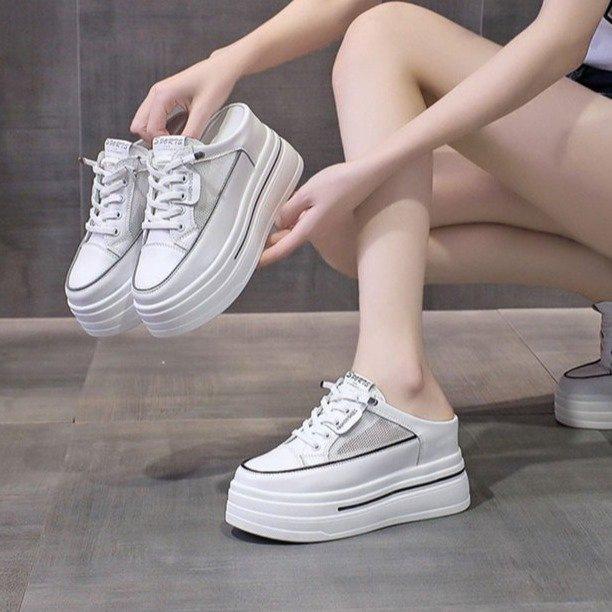 Popular Thick-soled Lace-up Heightening Little White Shoes for Women's 2025 Summer New Versatile Comfortable Casual Half Slippers for Women's Out