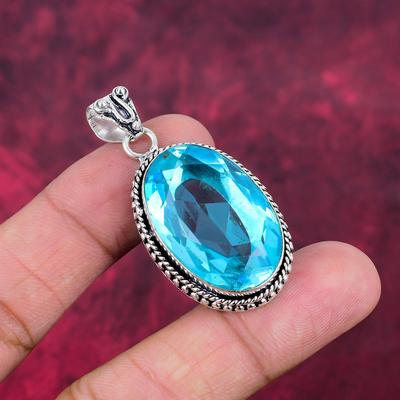 Blue Topaz Pendant, 925 Solid Sterling Silver Gemstone Jewelry, Handmade Pendant, For Thanksgiving