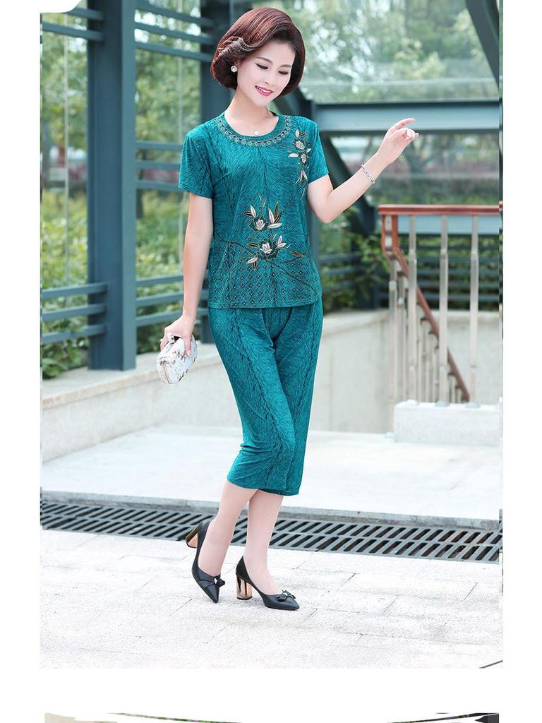 2024 Summer Plus-Size Imitation Ice Silk Two-Piece Suit for Middle-Aged & Elderly Women
