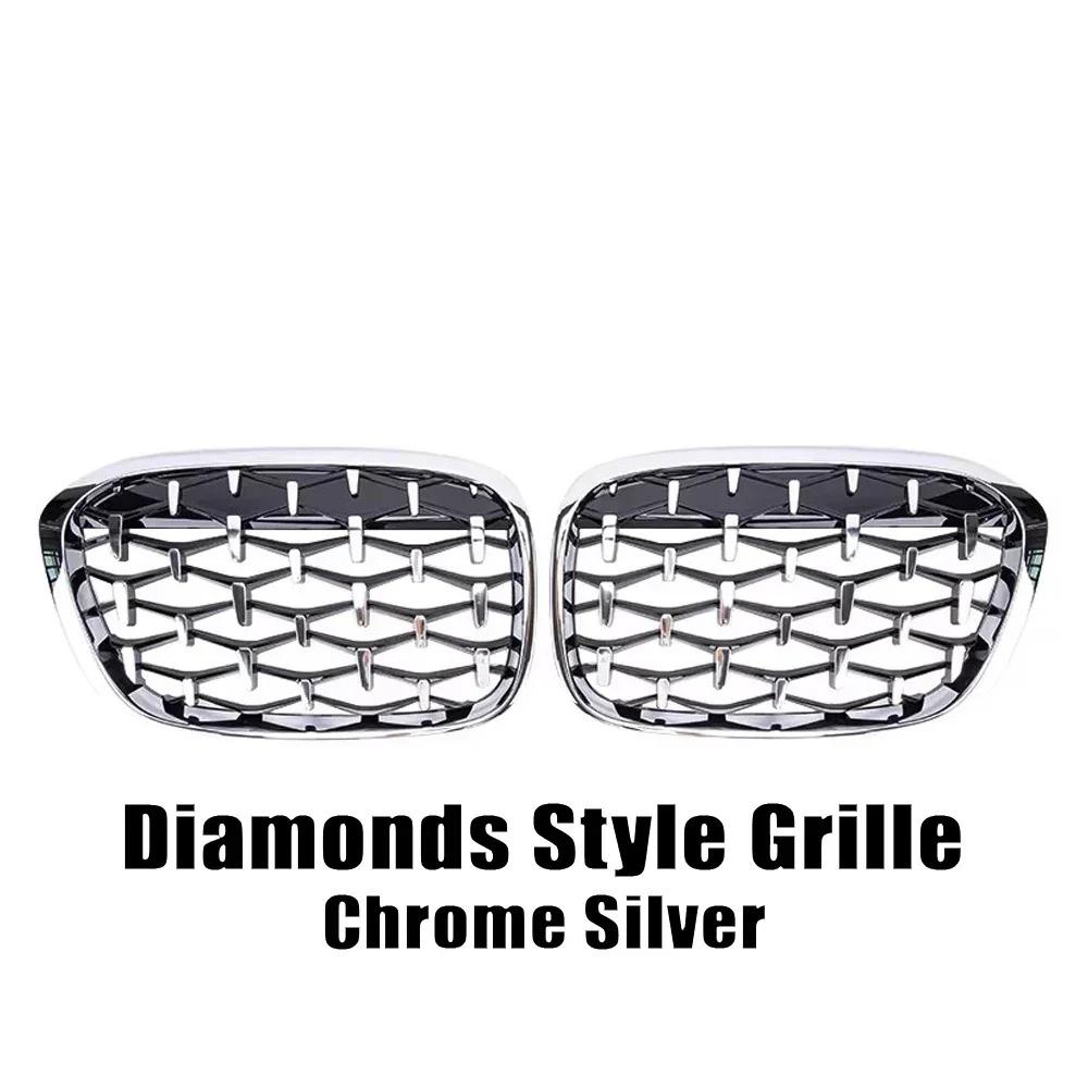 

Chrome Silver Diamonds Style Front Bumper Kidney Grilles For BMW X1 F48 F49 2016-2019 Shiny Double Line Style Upper Grills Diamond-Silver