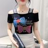 Summer Women Bow Letter Shiny Hot Diamonds T-Shirt Sexy Off Shoulder Slim Top New Chic Short Sleeve Tees Shirts