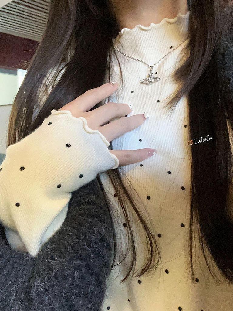 Women's Black Fungal Collar Polka Dot Base Shirt, Autumn/Winter Long-Sleeve Korean Style Top