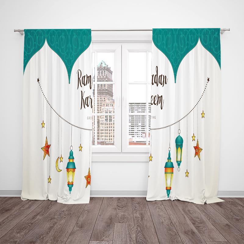 2PCS- Ramadan Cartoon Series - Printed Curtain - Polyester Material, Suitable for Bedroom, Living Room, Study