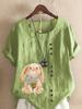 Women's Fashion Rabbit Print Casual Cotton Linen Short Sleeve Round Neck T-shirt Shirt Leisure Loose Summer Blouse Tops