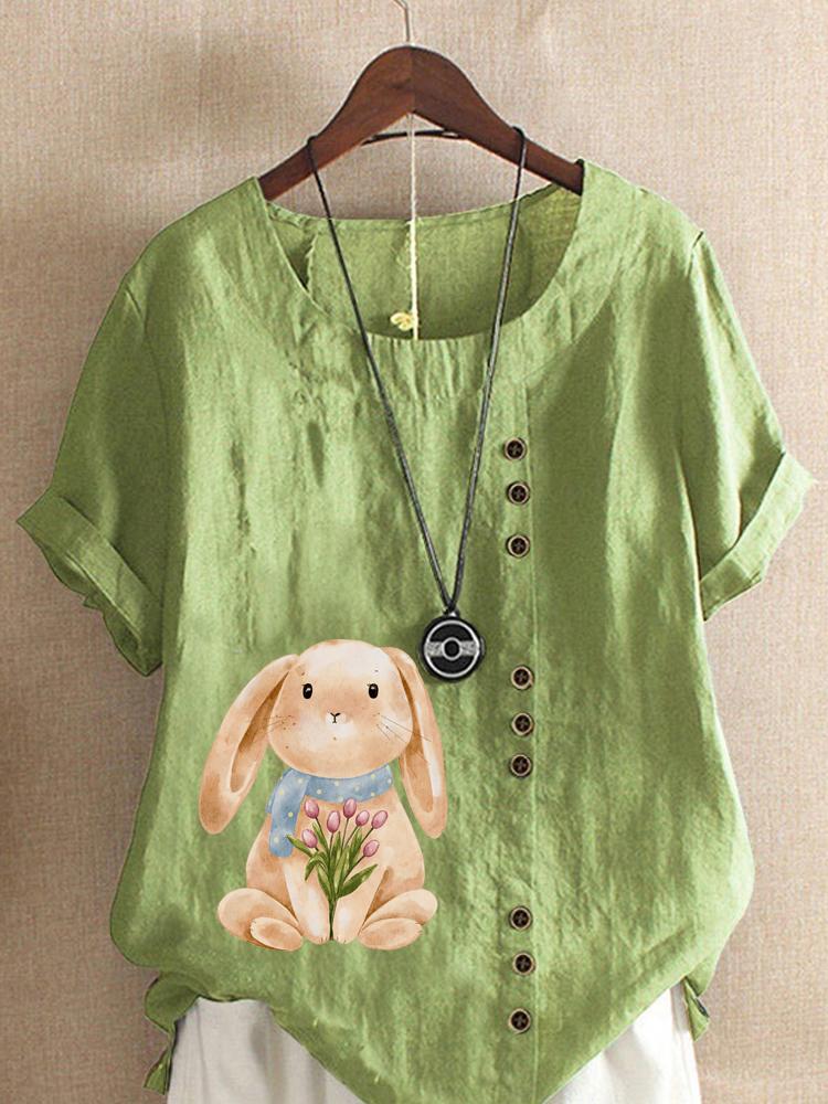 Women's Fashion Rabbit Print Casual Cotton Linen Short Sleeve Round Neck T-shirt Shirt Leisure Loose Summer Blouse Tops
