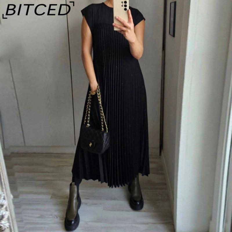BITCED Herbst Damen Elegantes Mode O-Ausschnitt Ärmelloses Plissee Maxikleid