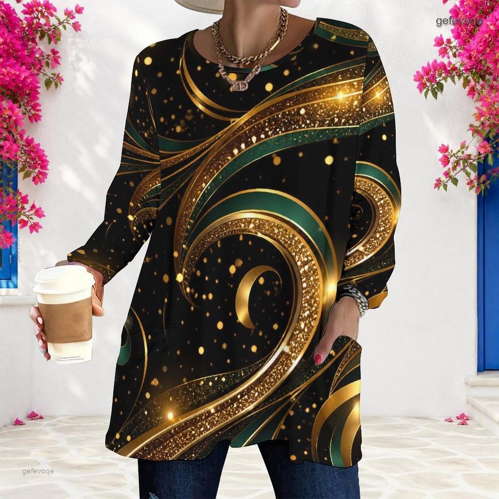 Women Plus Size Round Neck Long Sleeve Black Gold Green Printed Longline T Shirt With Pockets