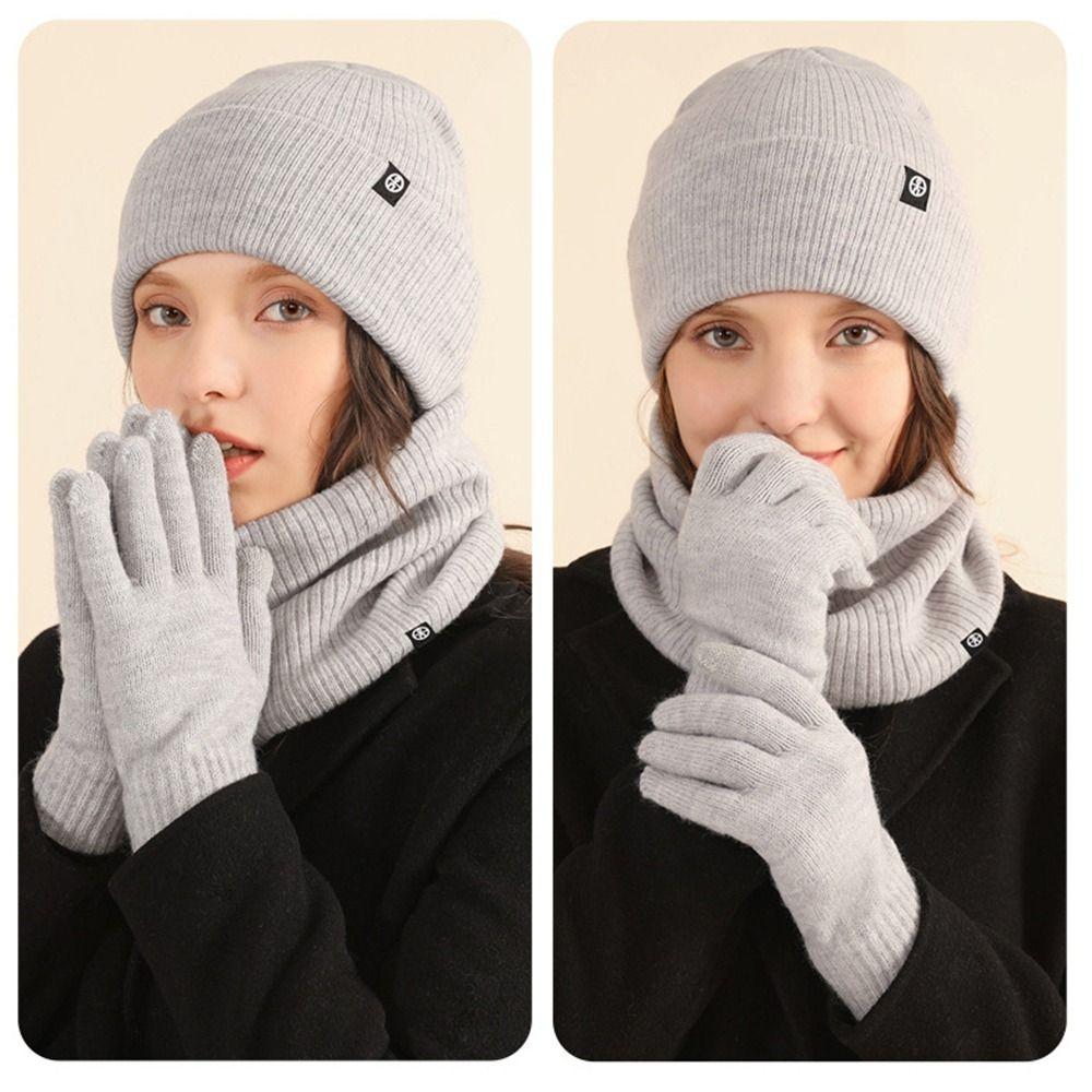 Warm Fleece Knit Winter Hat Soft Touch Screen Gloves Trendy Neck Scarf for Cold Weather