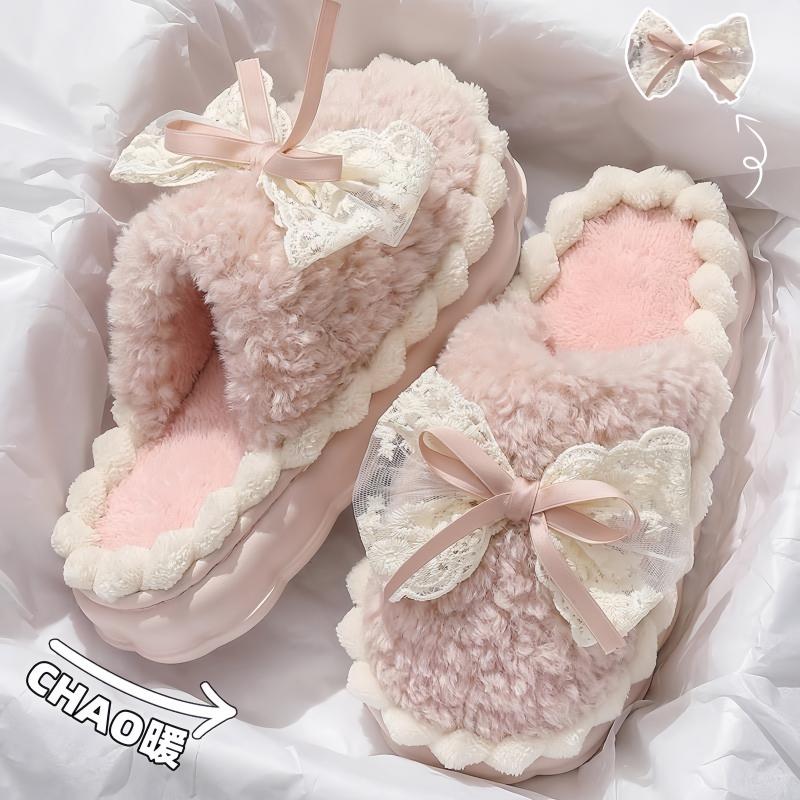 Women's Plush Bow Slippers - New 2026 Autumn/Winter Thick Sole Indoor Warm Cotton Slippers