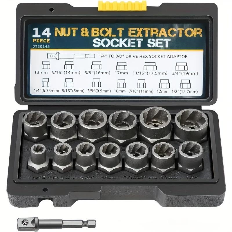 14pcs Damaged Lmpact Socket Set, Nut And Bolt Extractor & Remover-Chrome Molybdenum Steel Extractors With Storage Box