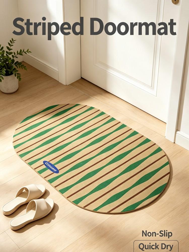 Minimalist Striped Diatomite Floor Mat Oval Shape Non‑Slip Absorbent Green Beige Rug For Bathroom Kitchen Entryway Indoor Home D