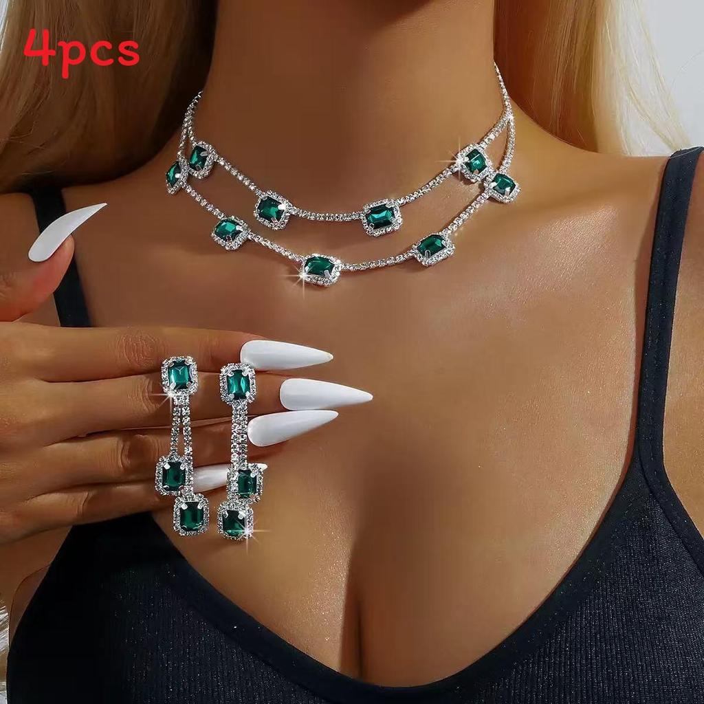 Geometric Double Layer Collar Necklace With Water Diamond Pendant For Women