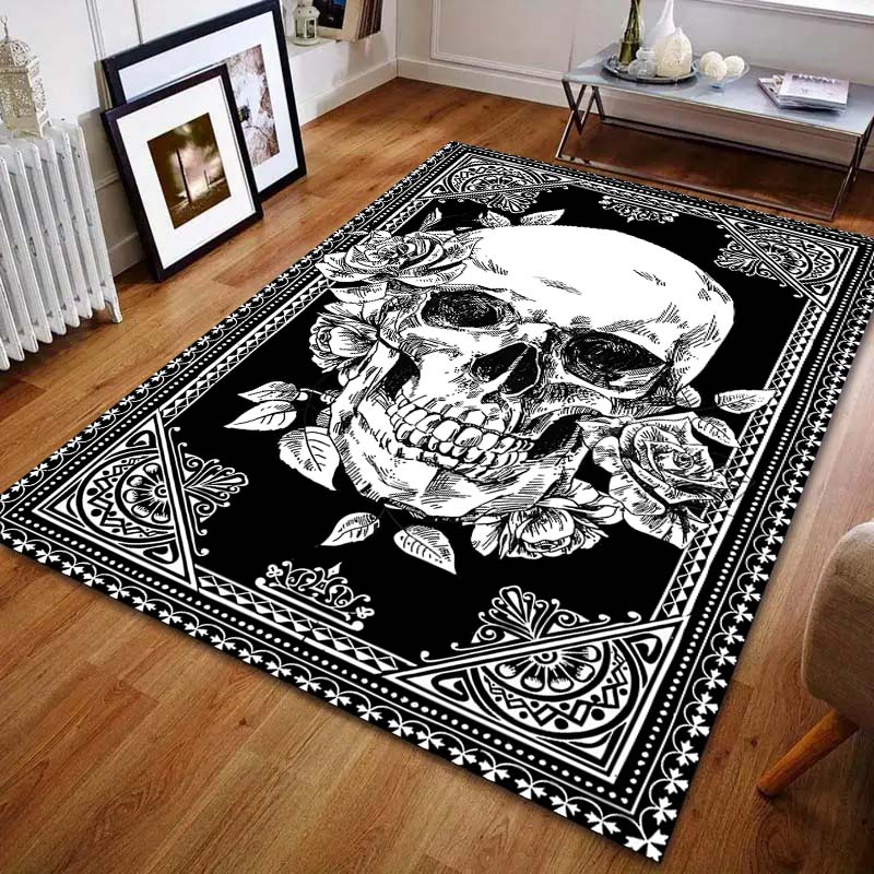 Black and White Skull Art Print Carpet for Living Room Bedroom Bedside Sofa Table Floor Mat Home Area Rug Decor Large Size