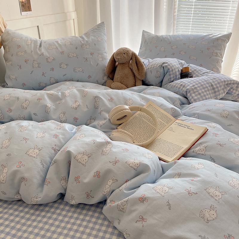 100% Pure Cotton Bed Four-piece Set Skin-friendly Water Wash Bed Sheet Quilt Cover Pillowcase Set