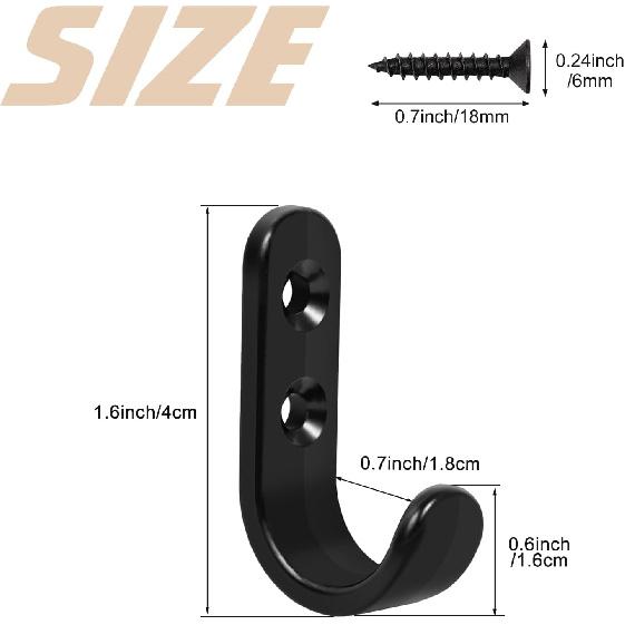 24PCS Zinc Coat Hooks, Metal Single Prong Wall Hooks with 48 Screws, No Rust Black Wall Hooks for Hanging Towel, Coat, Scarf, Bag, Hat, Cup, Key