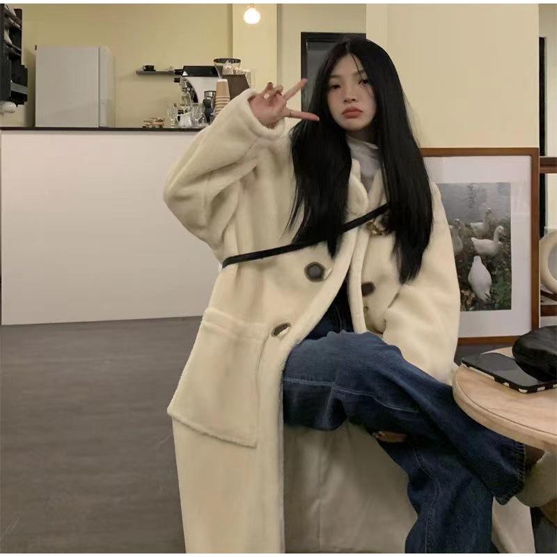 Mid Length Korean Thick Overcoat Cowhorn Button Loose Coat Winter Warm Female Fleece Hoodies Jacket Woman Lamb Wool Coats