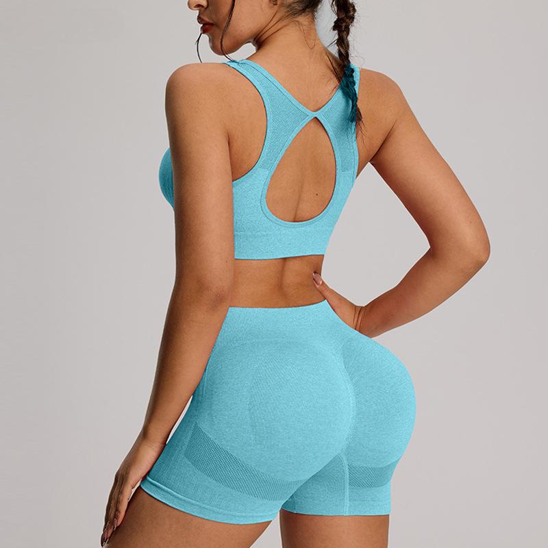 Summer Sexy Back Hollow Out Seamless Yoga Set Women Fitness Outfits Peach Hip Shorts Suit Shockproof Sports Bra Gym Running Suits