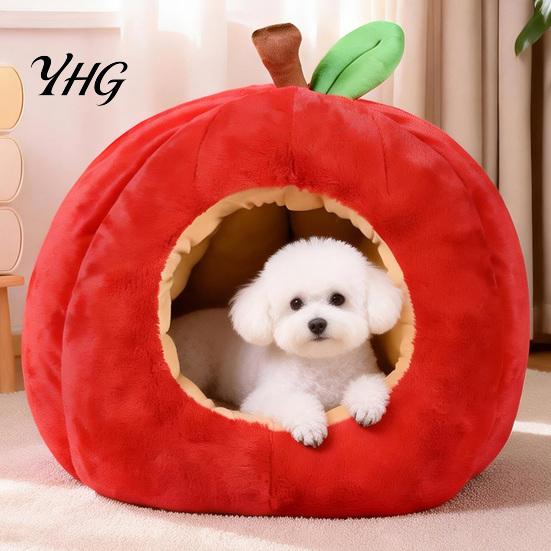 Removable Inner Pad Pet Cave Apple-Shaped Cat Bed, Plush Hideaway with Cushion, Warm Soft Cotton Sleeping Bag Cozy Enclosed Bed for Small Dogs