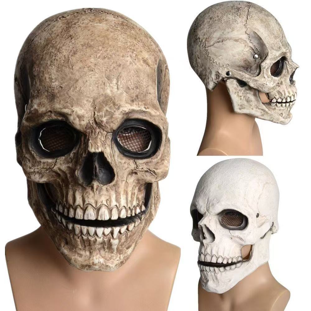 Full Head Skull Helmet Tear-Resistant Latex Headgear Skull Mask Latex Movable Jaw Mask For Cosplay Haunted House Outdoor