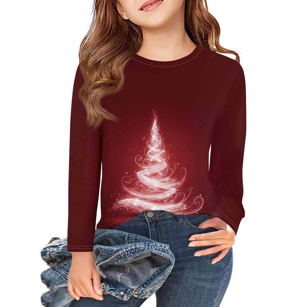 Christmas Day Girls Long Sleeve T Shirts Kids Fall Tops Crewneck Printed Basic Tees