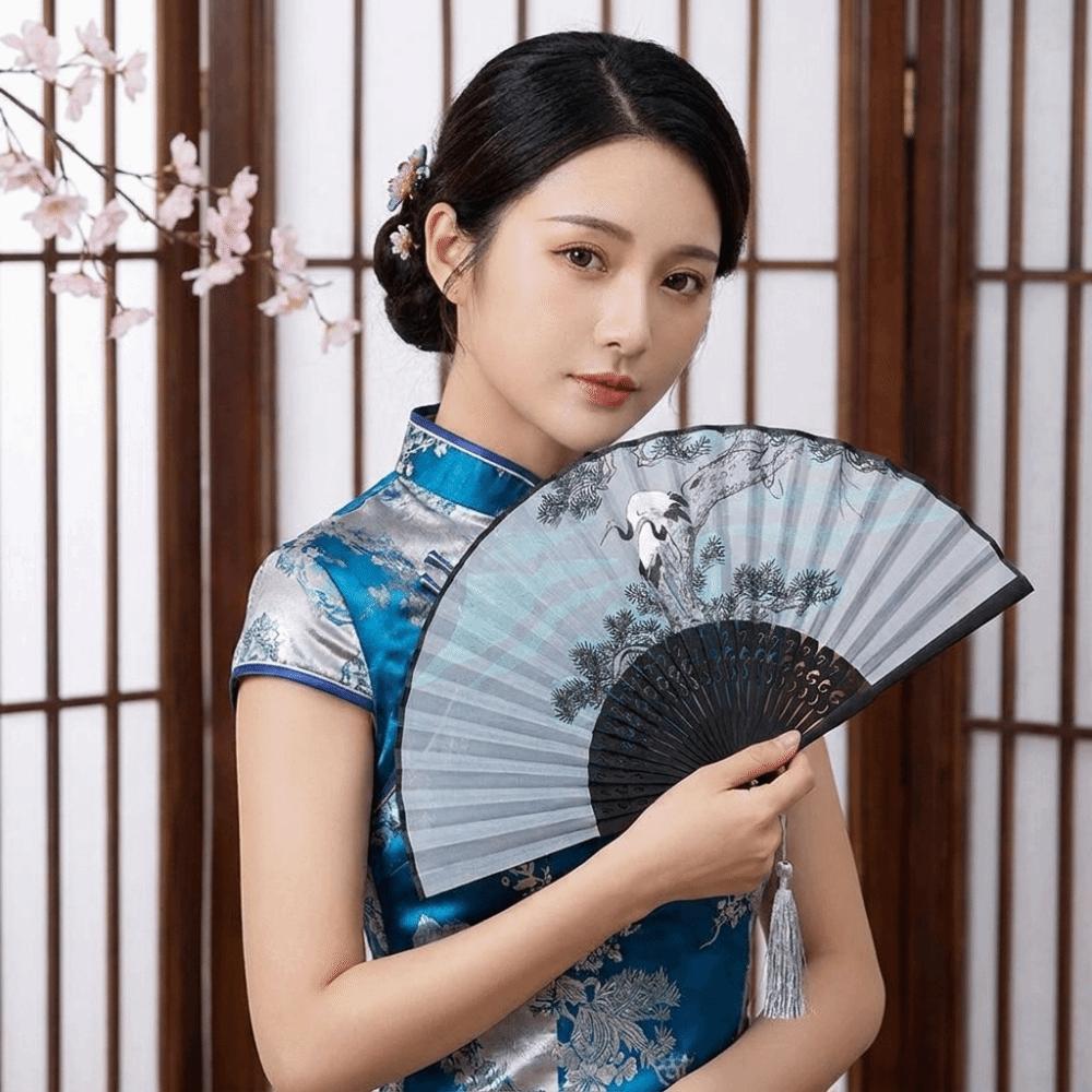 7-Inch Ancient Style Folding Fan Classical Crane Handheld Fan Dance Fan Home Decoration