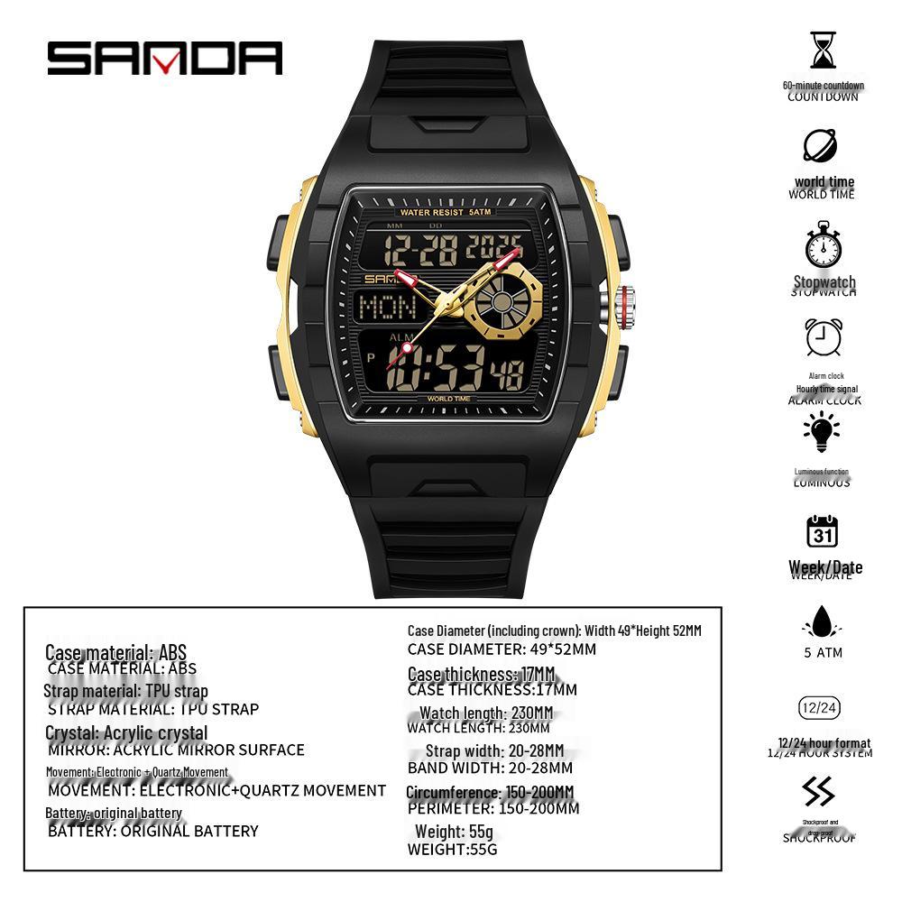SANDA Barrel-Shaped Men's Watch: Dual Display, 50M Waterproof, Luminous, World Time, Stylish & Versatile