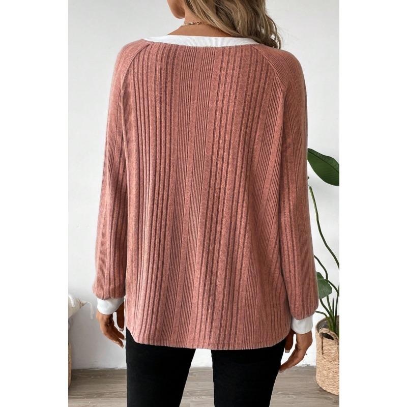 Women Color Block Crew Neck Ribbed Knit Sweater Solid Pink Raglan Long Sleeve Casual Top