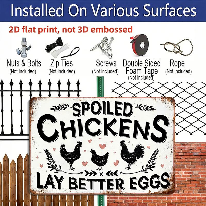 2D Flat 1pc 12"x8" Retro Chicken Lover Aluminium Wall Art with "SPOILED CHICKENS LAY BETTER EGGS" Quote - Vintage Farm Decor, Chicken & Heart Design