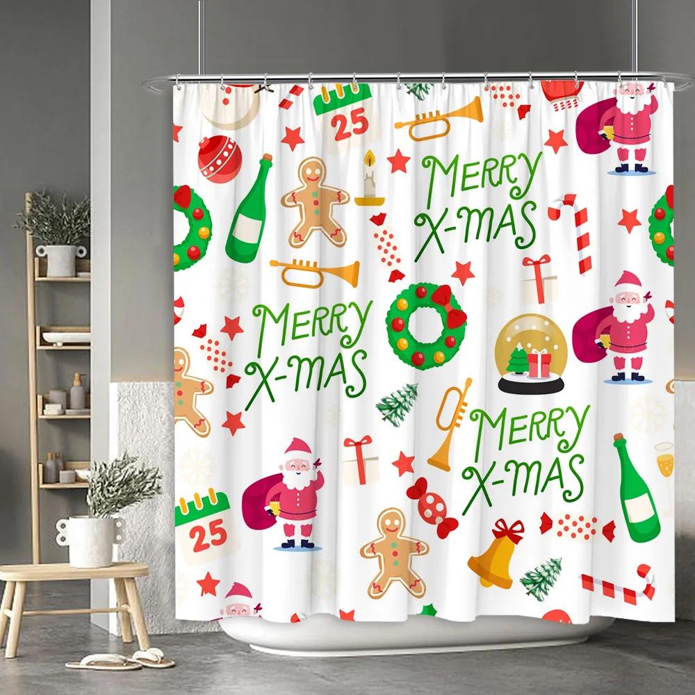 Christmas Shower Curtain Santa Claus Snowman Moose Cartoon Christmas Tree Winter Home Polyester Fabric Bathroom Decor Curtains