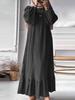 In-Stock Pleated Vintage Muslim Women's Robe with Puff Sleeves and Pocket Hem Ruffle Dress