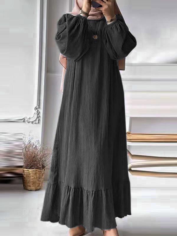 In-Stock Pleated Vintage Muslim Women's Robe with Puff Sleeves and Pocket Hem Ruffle Dress