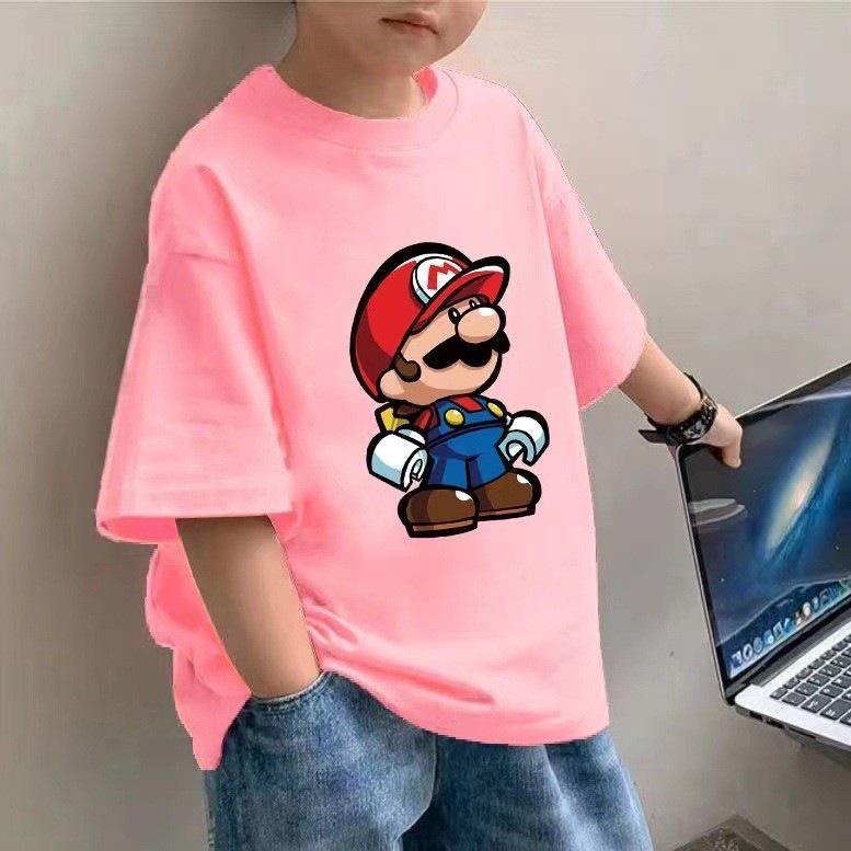 Kids Mario Cartoon Short Sleeve T-shirt - Summer Loose Fit Round Neck Top 110 cm розовый