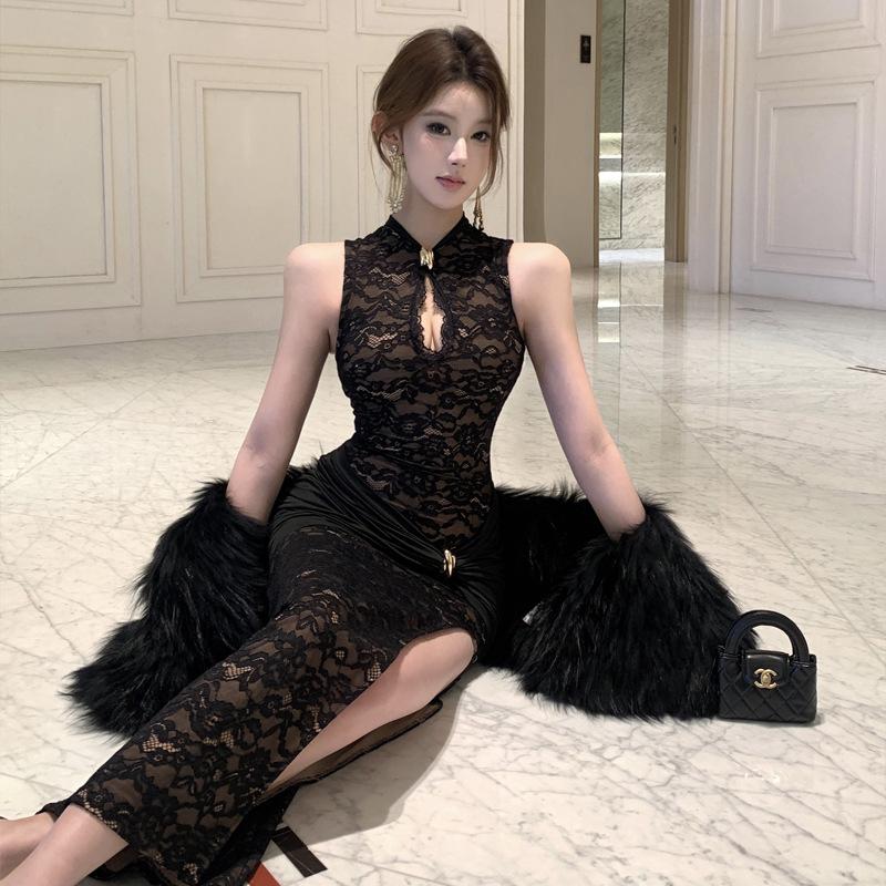 Women's New Chinese Sleeveless Lace Skinny High Split Dress