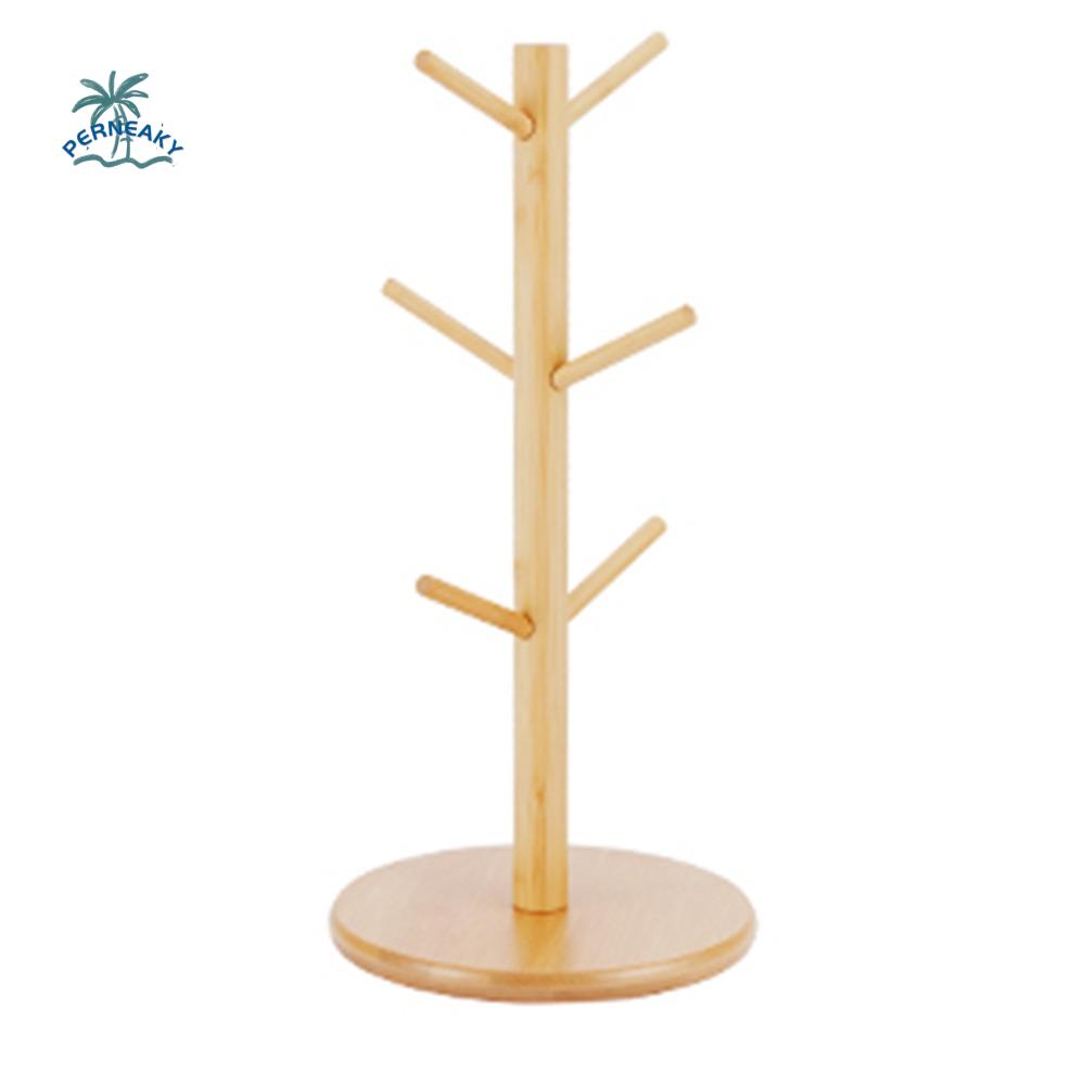 6 Hooks Bamboo Coffee Cup Holder Thickened Base Tree Shape Coffee Cup Rack Sturdy Design Wood Material Cup Storage Holder