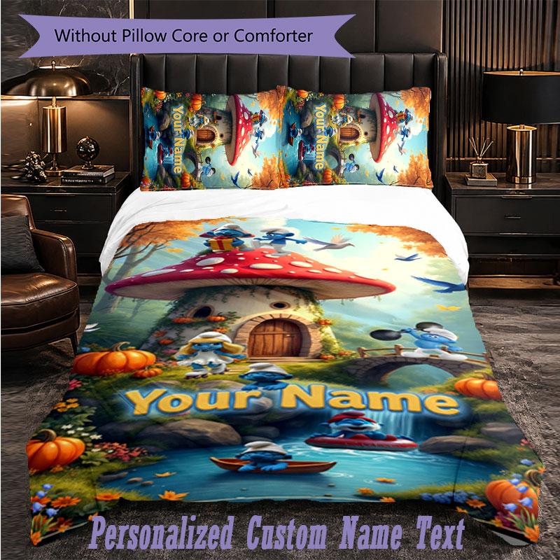 Personalized 3Pcs Bedding SetSmurfs Custom Text Duvet Cover Pillowcase Set Bedroom Gift
