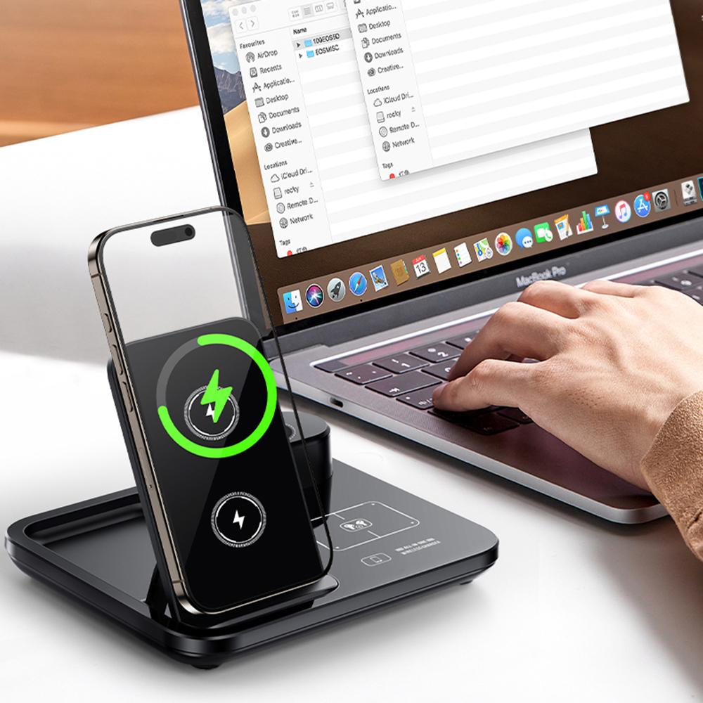 3 in 1 Folding Desktop Phone Wireless Charger for Smartwatch/Earbuds Charging Station with Silicone Cable Tie