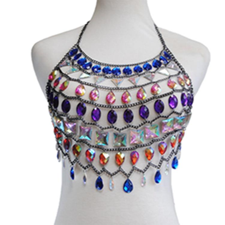 RL-131 Damen Mehrfarbig Handgefertigt Nachtbar Schmuck Kristall Strass Stein Diamant Tropfen Rückenfrei Hohl Weste Bikini Körperkette