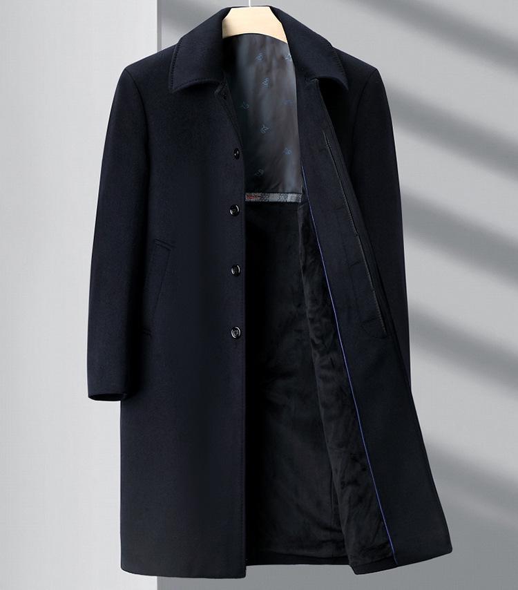 Men's Winter Cashmere Coat, Velvet-Lined, Knee-Length, Warm Woolen Trench for Middle-Aged and Elderly, Dad-Style Outerwear.