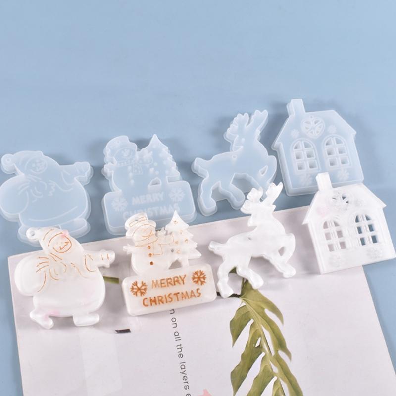 Hanging Ornaments Crystal Epoxy Resin Mold DIY Christmas Pendants Silicone Mould Santa Claus Elk Xmas House Casting Mold