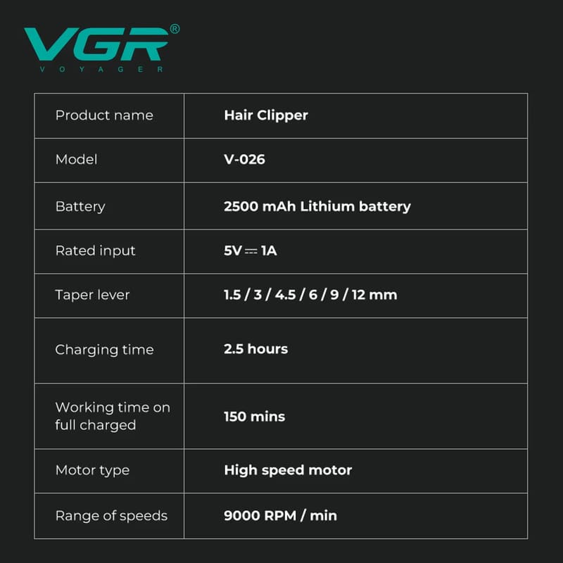 VGR High-end  Portable Hair Clipper Gradient Metal Body Hair Trimmer High-speed LCD Digital Display Screen Long Battery Life Electric Hair Clipper