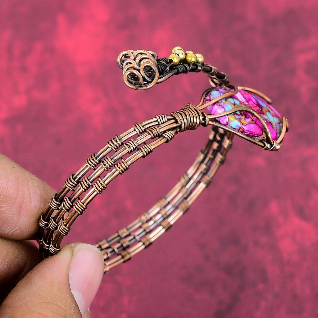 Natural Kingman Pink Dahlia Turquoise Cuff Bracelet Copper Wire Wrapped Bangle Handmade Gemstone Jewelry Adjustable Bangle Anniversary Gifts