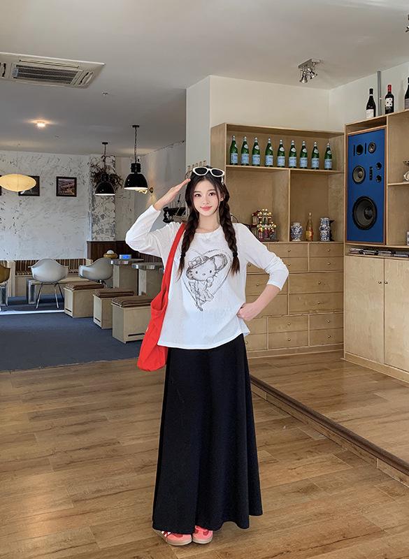 Spring 2026 Plus Size Women's Printed Long Sleeve Round Neck T-shirt