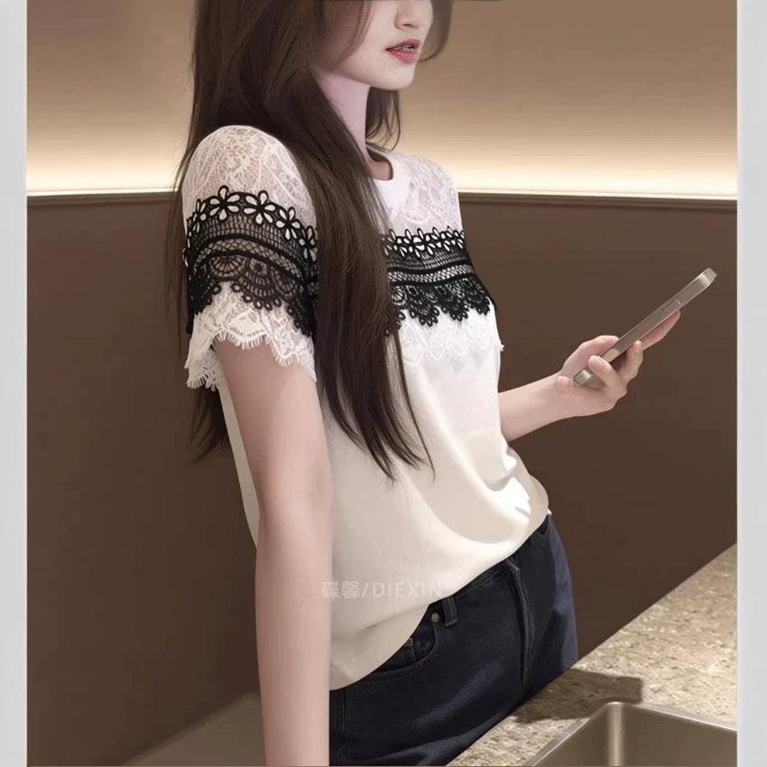 Summer New High-end Design Lace Patchwork Short-sleeve T-shirt for Women, White Versatile and Trendy Top