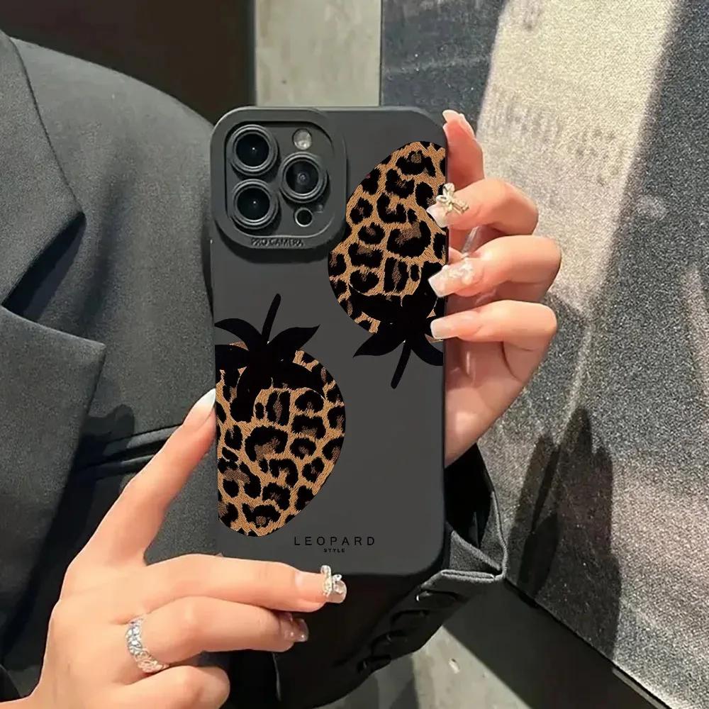 Leopard Print Strawberry Soft Silicone Case For iPhone 16 15 12 13 11 14 Pro Max 16 15 14 Plus Shock-proof Camera Cover