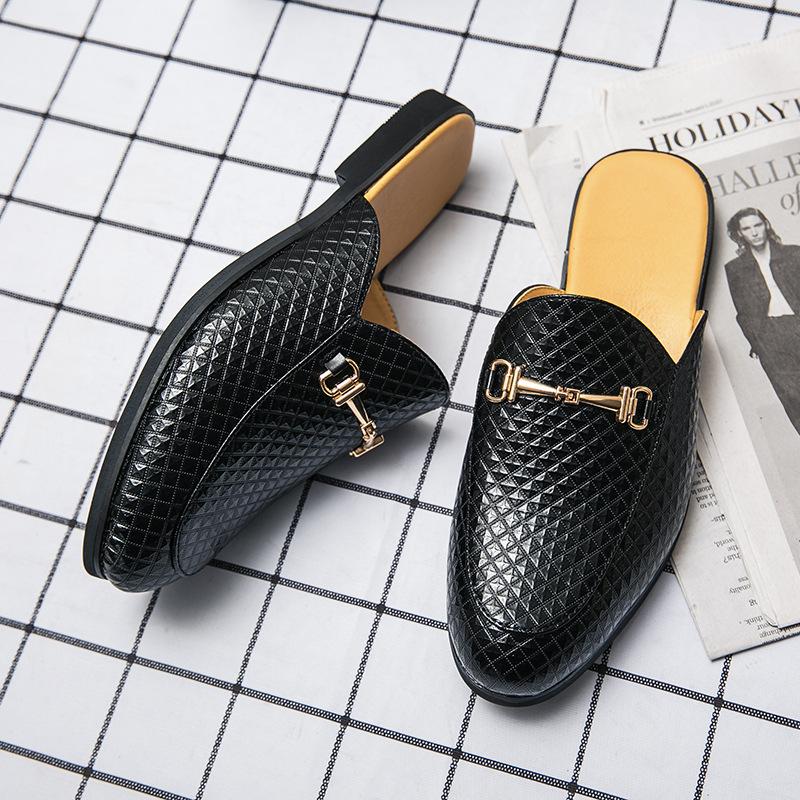 

Leather half slippers men s fashion 2021 summer new one-pedal bag head leather shoes thick heel flat cool slippers 47 золотой