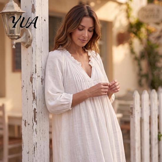 Spring Autumn Dresses Bohemian Ruffle V-Neck Long Dress, 3/4 Sleeves Maxi Dress for Comfortable Women Women, Solid Color Casual Loose Fall