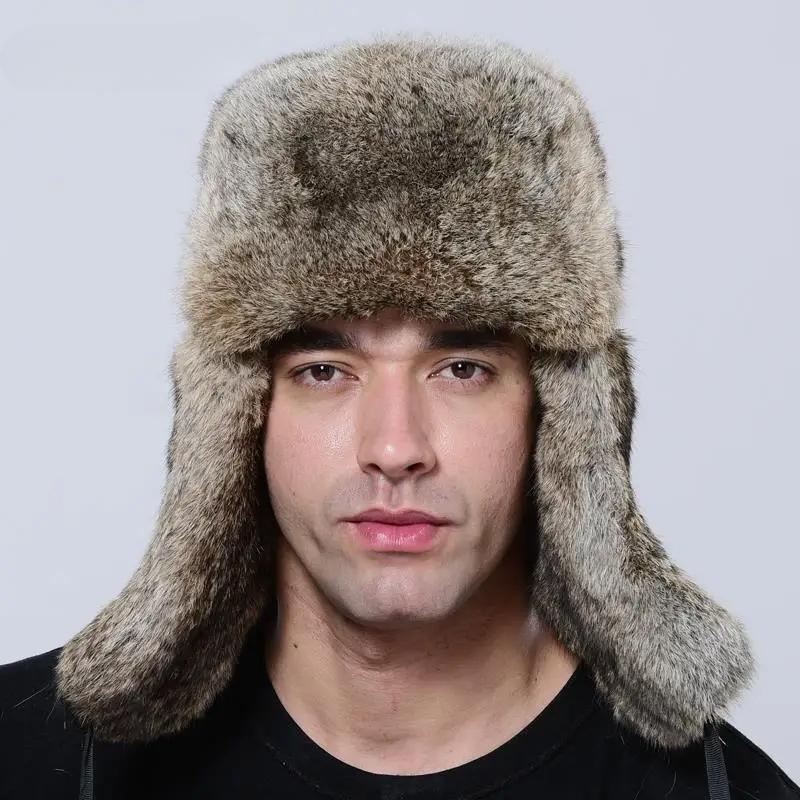 Winter Bomber Hat Men Thick Warm  Rabbit Fur Trapper Ear Ushanka Russia Hat